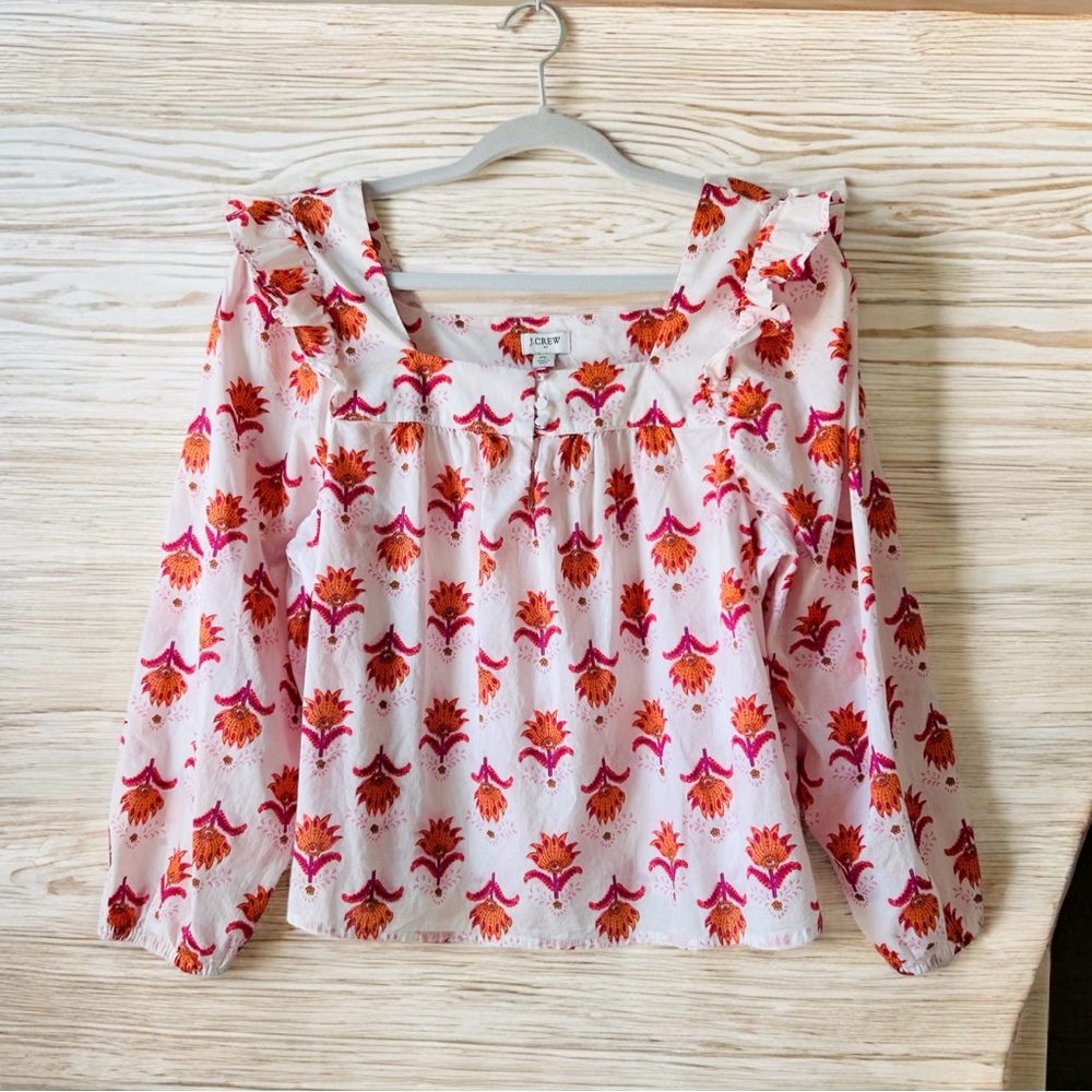 J. Crew Factory Squareneck Ruffle Top Sz PL Floral Block Print Orange Cotton